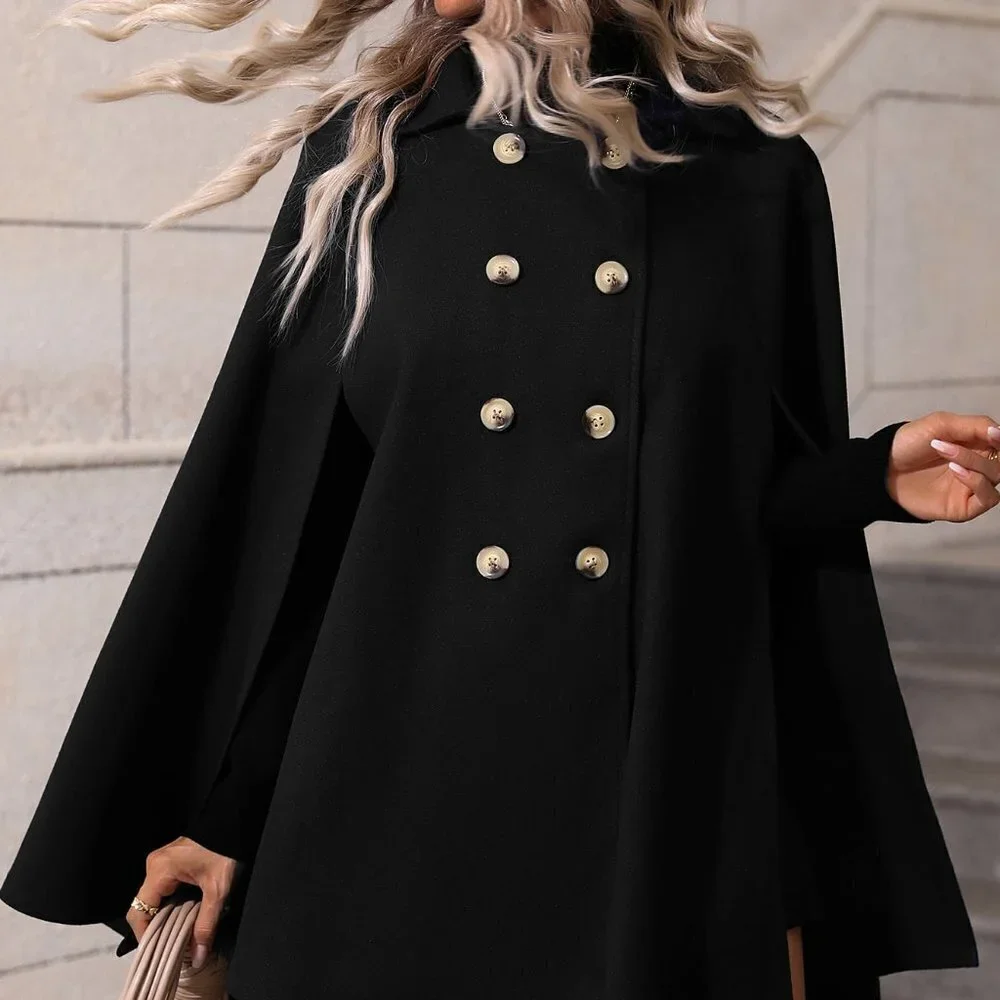 Black Preppy Womens Double Breasted Cloak Sleeve Cape Overcoat - Picture 4 of 5
